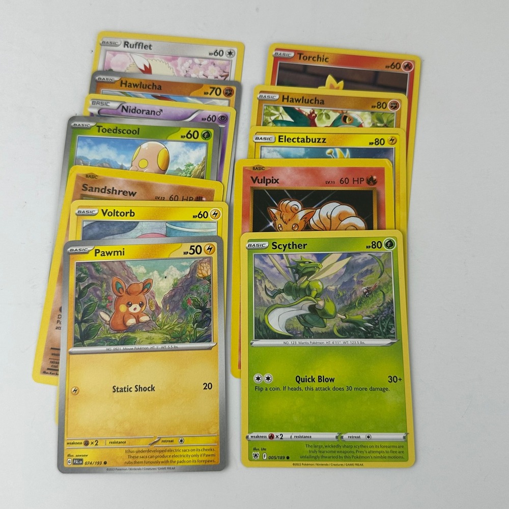 Pokemon TCG Card Lot 12 Basic Scyther Pawmi Vulpix Electabuzz Hawlucha Torchic